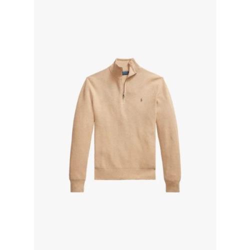 Ralph Lauren Zip Neck Polo Sweater Cotton Piqué Brown, Herr