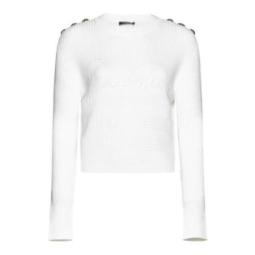 Balmain Vit Stickad Tröja med Logodetaljer White, Dam