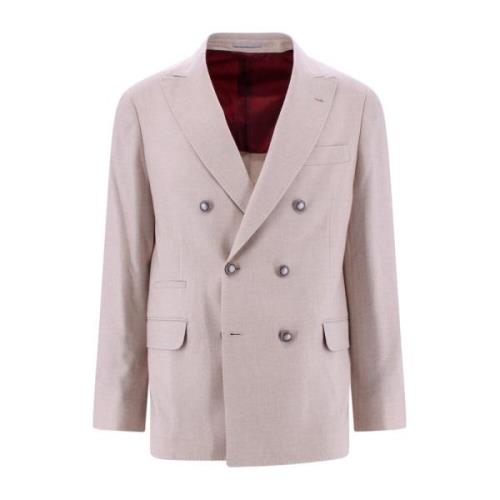 Brunello Cucinelli Dubbelknäppt Blazerjacka Beige, Herr