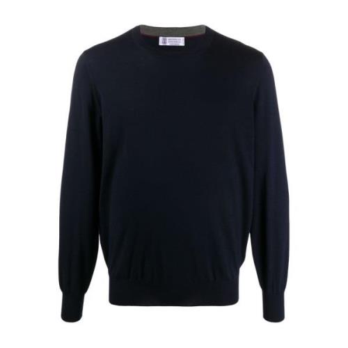 Brunello Cucinelli Navy+Mörkgrå Crew Neck Sweater Black, Herr