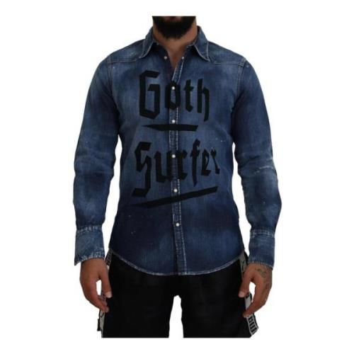 Dsquared2 Goth Surfer Print Denim Skjorta Blue, Herr