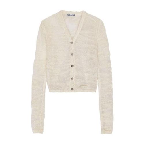 Ganni Ivory Openwork Cardigan Sweater Beige, Dam