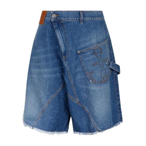 JW Anderson Blå Denim Bermuda Shorts med Fransar Blue, Herr