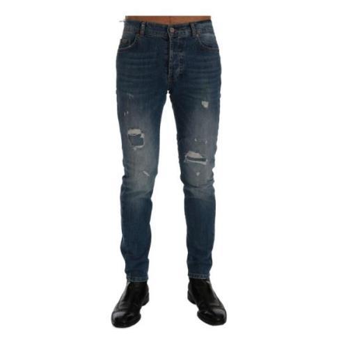 Frankie Morello Slim Fit Logo Jeans Blå Tvätt Blue, Herr