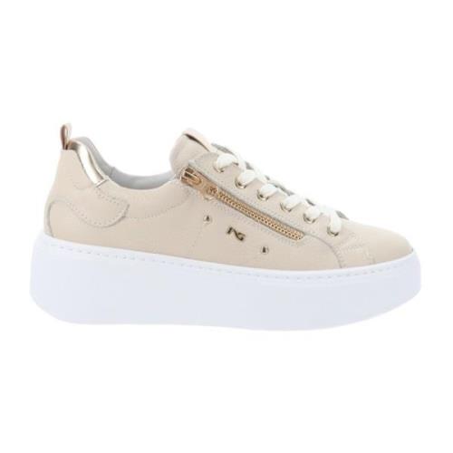 Nerogiardini Läder Sneakers med Snörning och Dragkedja Beige, Dam