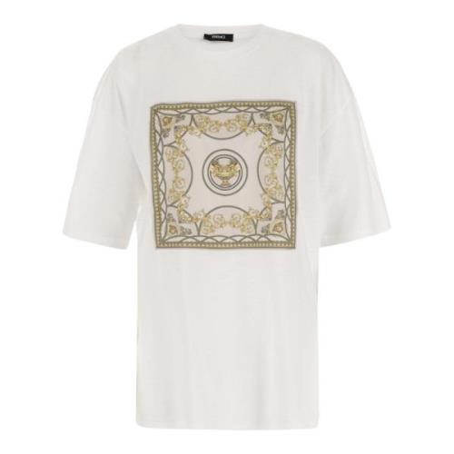 Versace Bomull T-shirt med Scarf-stil Applikation White, Dam