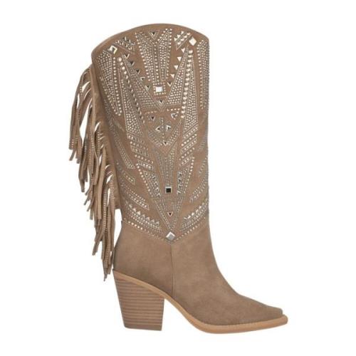 Alma EN Pena Glitter Fringes Boot Kvinnor Klack Beige, Dam