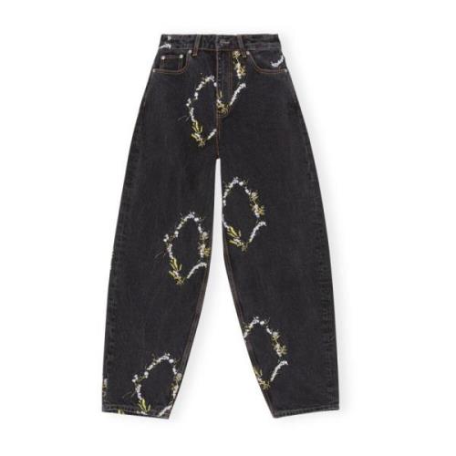 Ganni Blommig stjärnbroderad wide-leg jeans Black, Dam