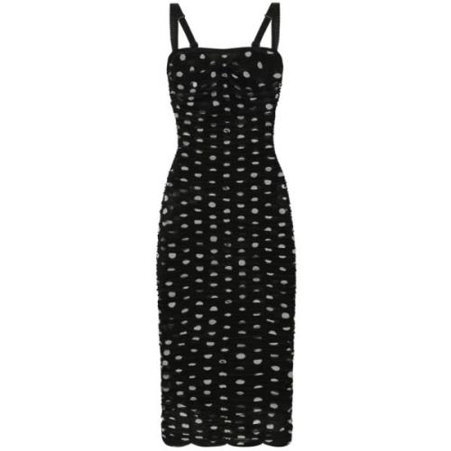 Dolce & Gabbana Polka-dot Midi Klänning med Tulle Panel Black, Dam