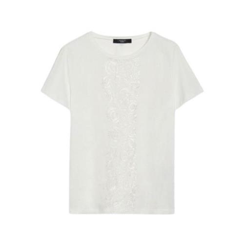 Max Mara Weekend Broderad Linne Crew Neck Kortärmad T-shirt White, Dam