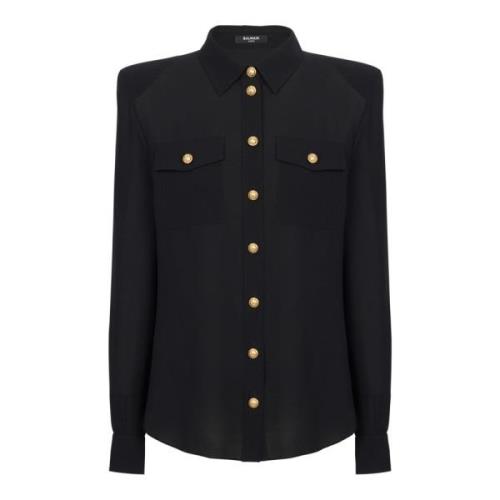 Balmain Crepe skjorta med gyllene knappar Black, Dam