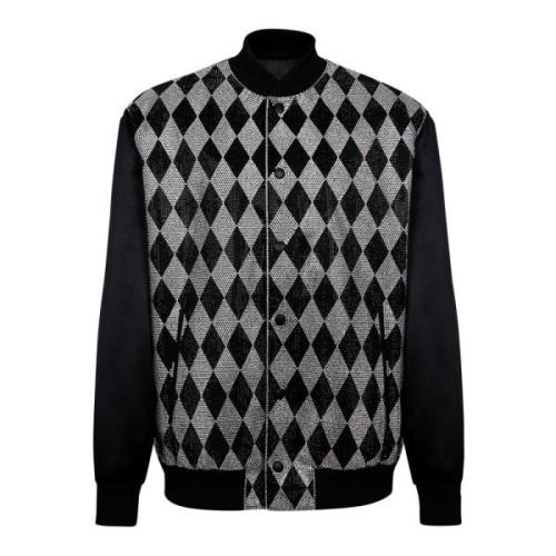 Balmain Diamantsatin bomberjacka med rhinestones Black, Herr