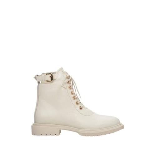 Estro Beige Läder Ankelboots Snörstil Beige, Dam