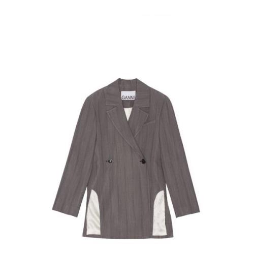 Ganni Ränder Sidoslits Blazer Gray, Dam