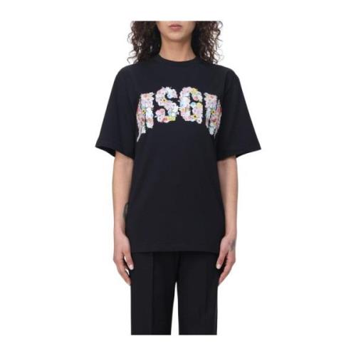 Msgm Svart T-shirt med Glitter Front Print Black, Dam
