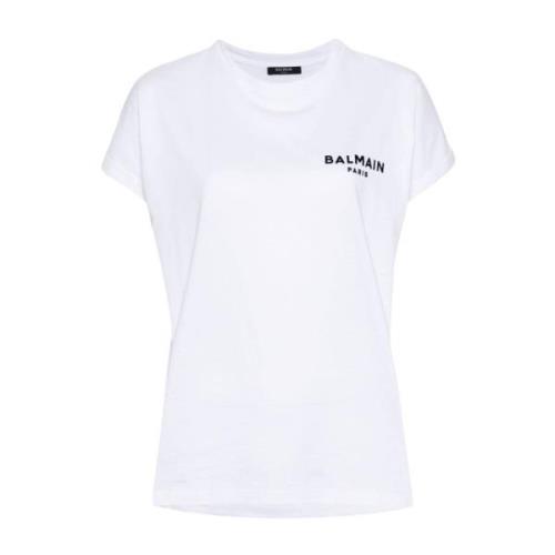 Balmain Vit Bomull Jersey Crew Neck T-shirt White, Dam