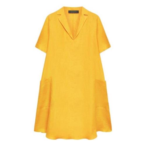 Elena Mirò Flared Linen Dress with Revers Collar Yellow, Dam