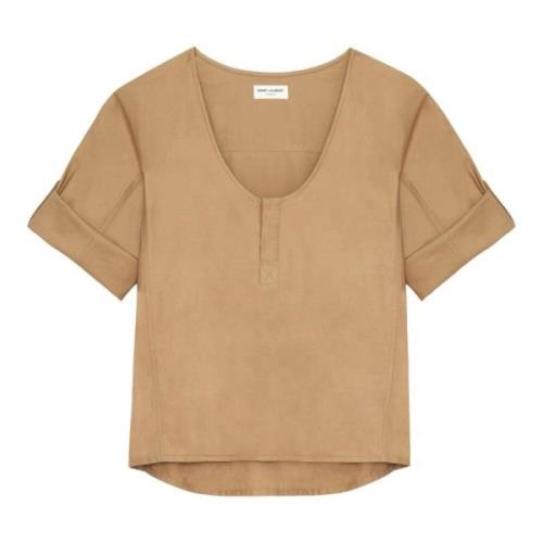 Saint Laurent Beige Henley Blus Bomull-Linne Blandning Beige, Dam