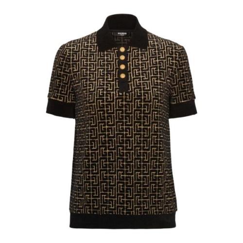 Balmain Monogrammönstrad sammet jacquard polotröja Black, Dam