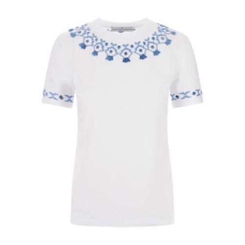 Ermanno Scervino Vit Crew-neck T-shirt med Blå Broderi White, Dam