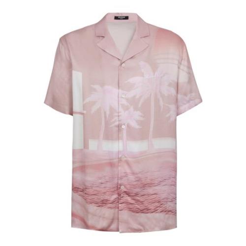 Balmain Kortärmad twill pyjamas-skjorta med vykortstryck Pink, Herr