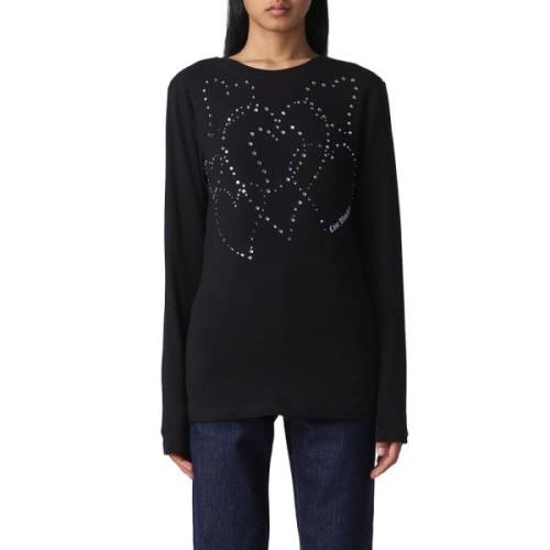 Love Moschino Hjärta Strass Långärmad T-shirt Black, Dam