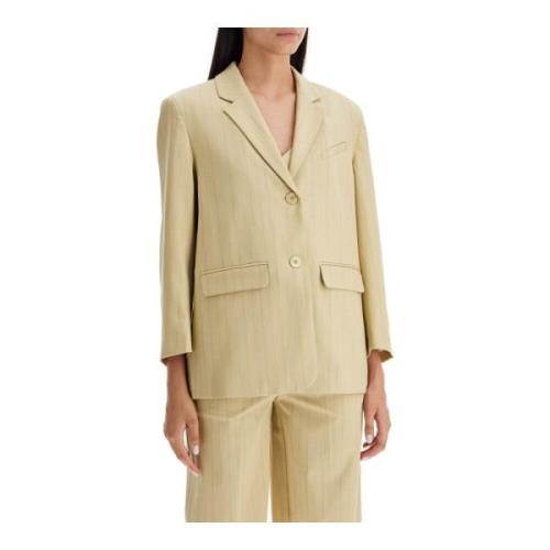 Ganni Randig Boxy Blazer med Vadderade Axlar Beige, Dam