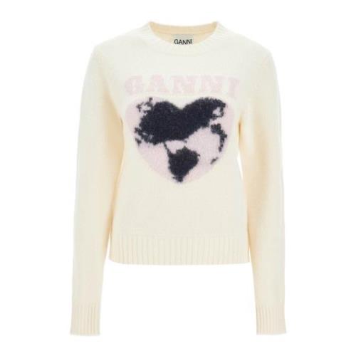 Ganni Grafisk Jacquard Crew Neck Sweater White, Dam