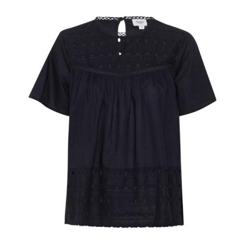 Saint Tropez Feminin Blus med Volangdetaljer Night Sky Black, Dam