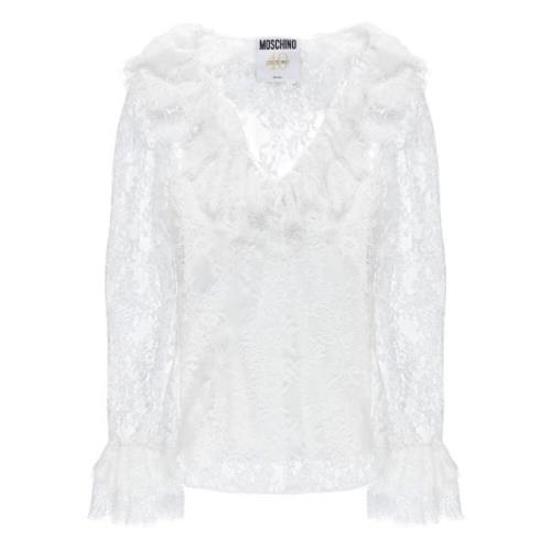 Moschino Vit Ruffle Hals Skjorta White, Dam