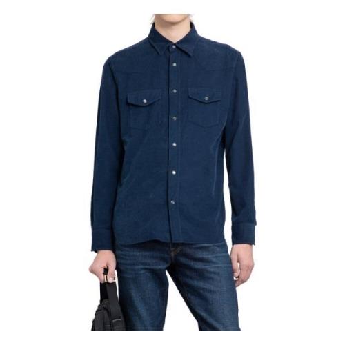 Tom Ford Corduroy Western Skjorta med Stygn Detaljer Blue, Herr