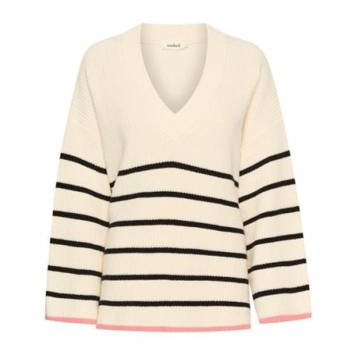 Soaked in Luxury Randig V-ringad Pullover Tröja Whisper White White, D...