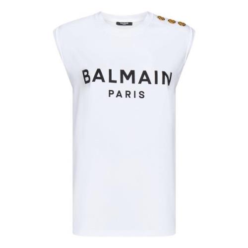 Balmain Vit Ärmlös T-shirt med Logotyp White, Dam