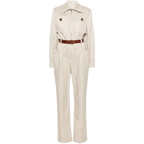 Saint Laurent Beige Clair Twill Jumpsuit med Bälte Beige, Dam