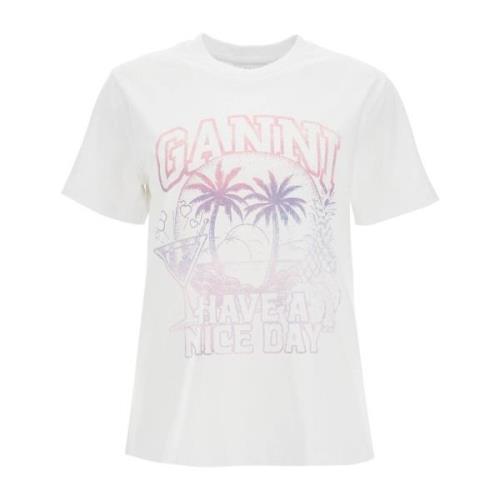 Ganni Logo Print Relaxed Fit T-Shirt White, Dam