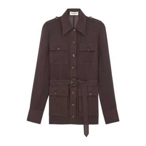 Saint Laurent Brun Sidensklänning Spetskrage Brown, Dam