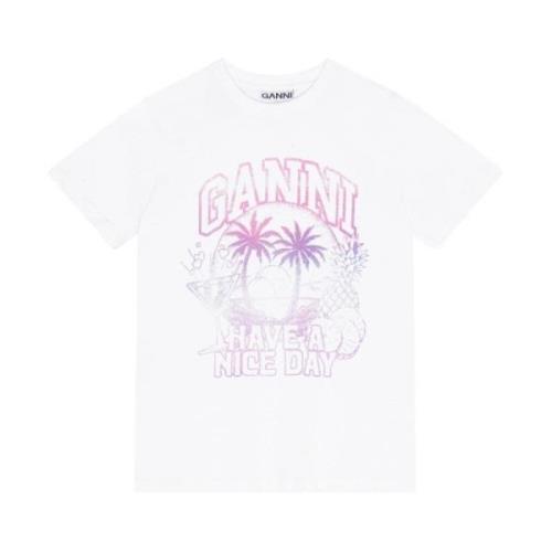 Ganni Vit Bomull T-shirt med Tryck White, Dam