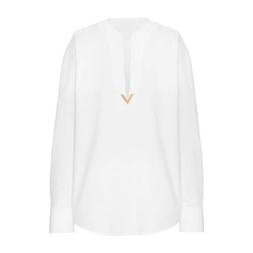 Valentino Vit Bomull Poplin Djup V-ringad Skjorta White, Dam