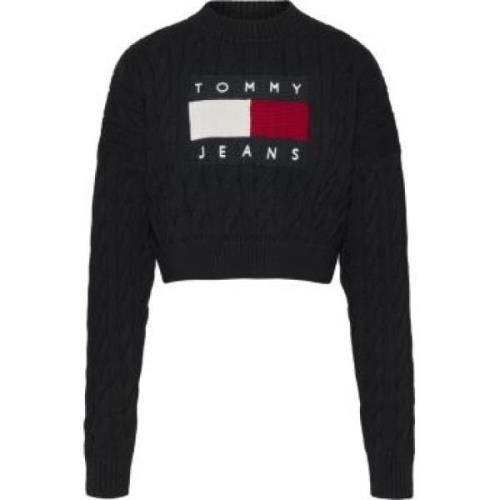 Tommy Jeans Svart Stickad Tröja med Stor Flagga Black, Dam