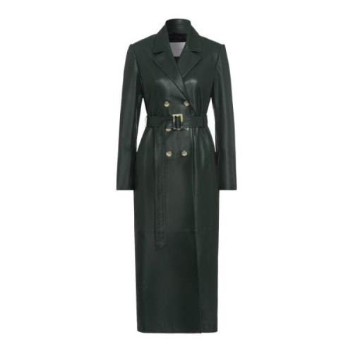 IVY OAK Grön Läder Trenchcoat Midi Längd Green, Dam