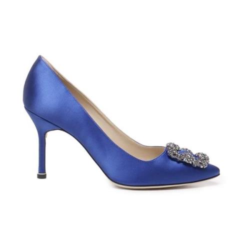 Manolo Blahnik Blå Satin Kristallspänne Häl Pumps Blue, Dam