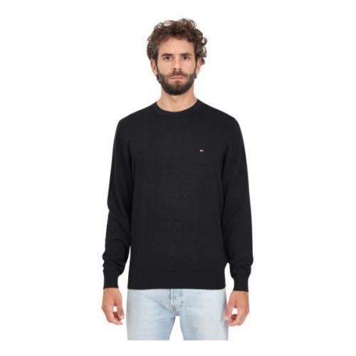 Tommy Hilfiger Svart Crew-Neck Tröja med Flagga Broderi Black, Herr