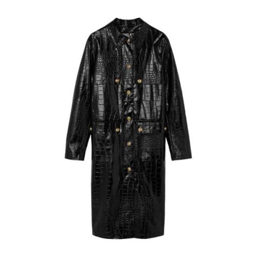 Versace Trenchcoat med Krokodileffekt och V-Emblem Black, Dam