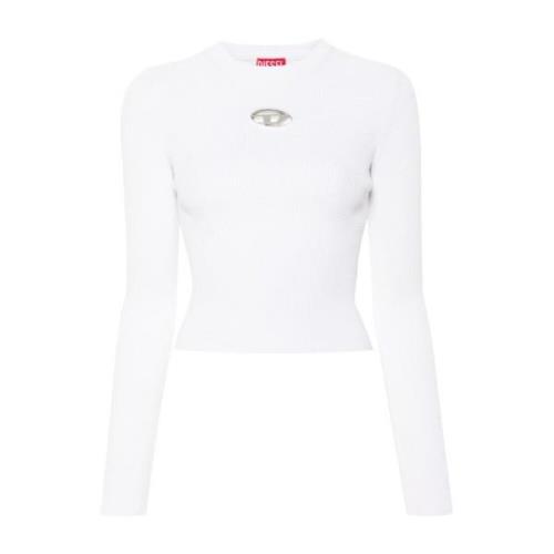 Diesel Vit Ribbad Logotyp Crew Neck Topp White, Dam