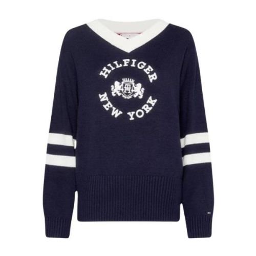 Tommy Hilfiger Varsity Roundall V-Neck Sweater Blue, Dam