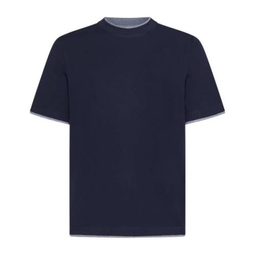 Brunello Cucinelli Blå Bomullst-shirt med Crew Neck Blue, Herr