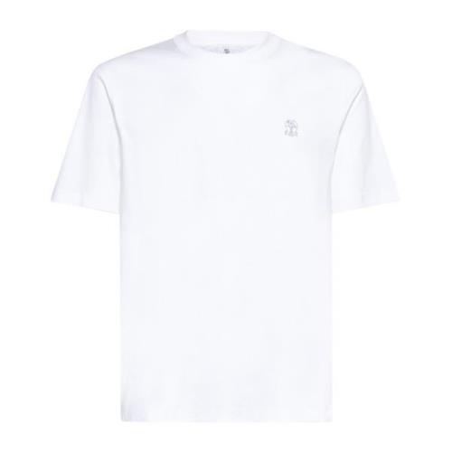 Brunello Cucinelli Vit Bomull Crew Neck Logo T-shirt White, Herr