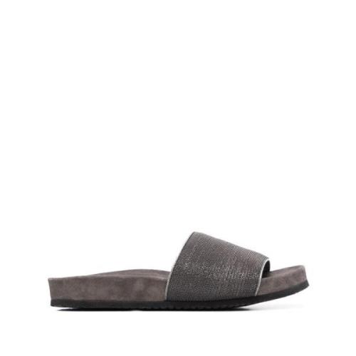 Brunello Cucinelli Dekorerade Lädersandaler Gray, Dam