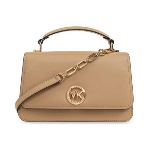 Michael Kors Beige Läder Axelväska med Guldtonad Logotyp Brown, Dam