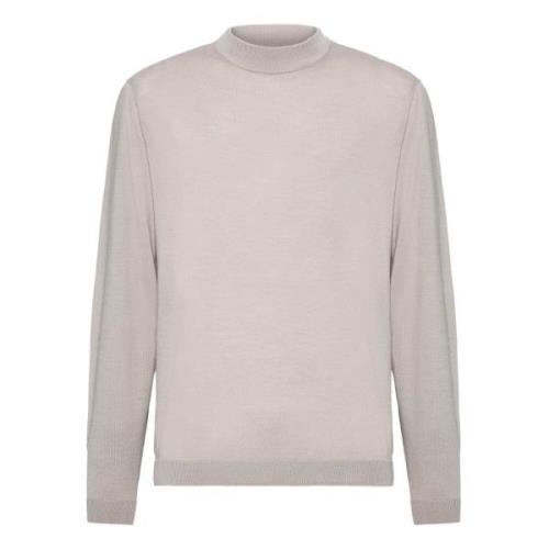 Boggi Milano Mock Polo Neck Jumper i superfint Merinoull Beige, Herr